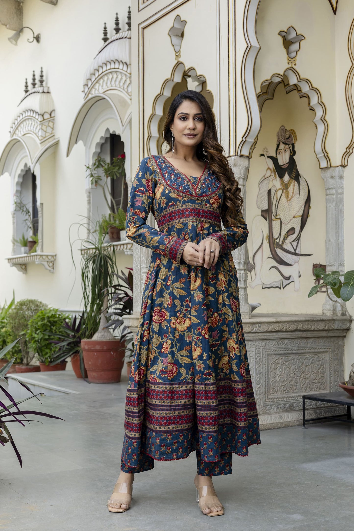 BLUISH FLORISH DRESS IN COTTON - SET OF 3 - BLUE