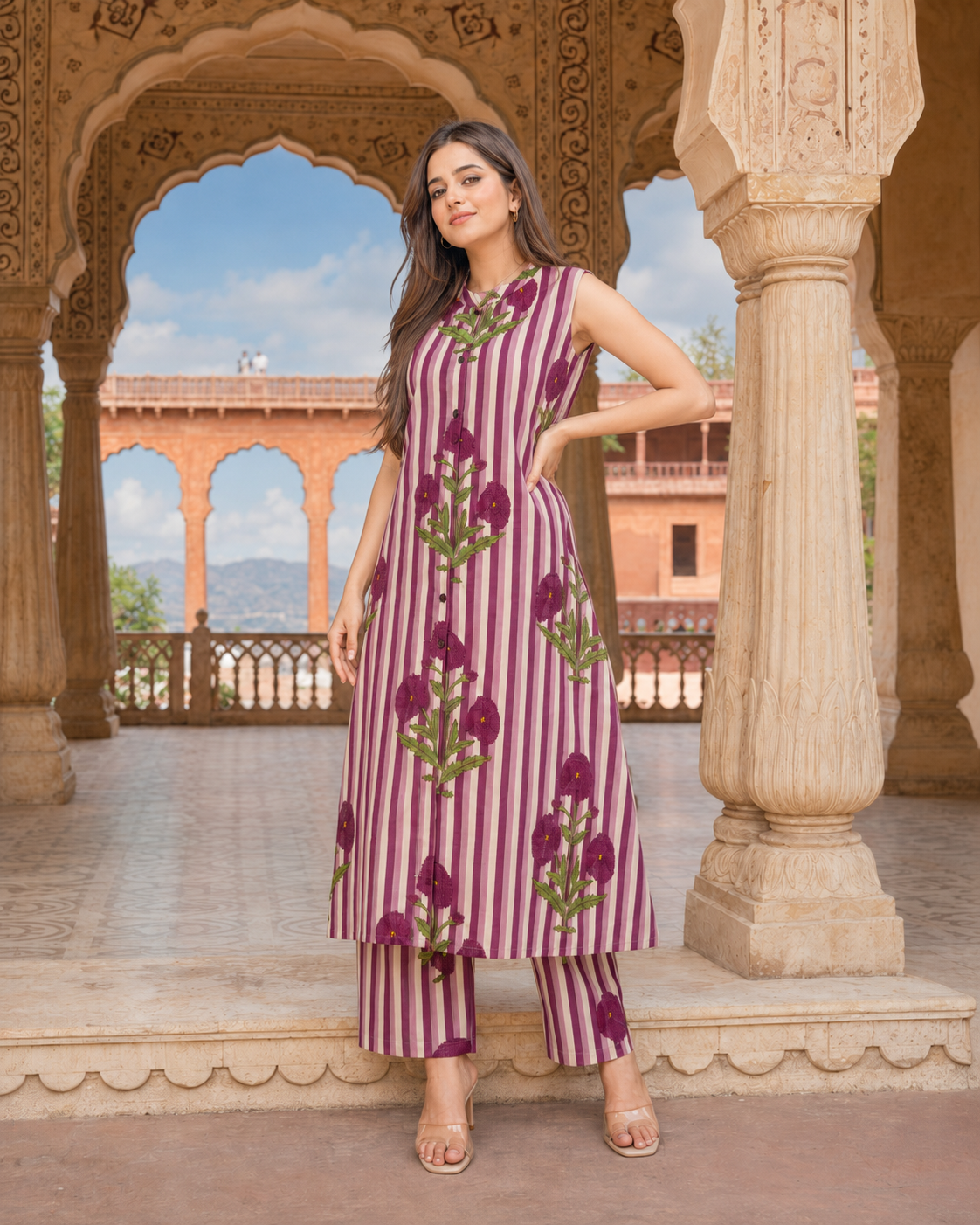 LA ROSE HAND BLOCK COTTON  A-LINE SLEEVE LESS KUTA PANT SET