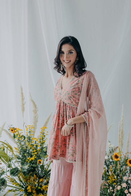 PASTEL PINK PRINTED COTTON KURTA SHARARA - SET OF 3