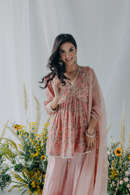 PASTEL PINK PRINTED COTTON KURTA SHARARA - SET OF 3