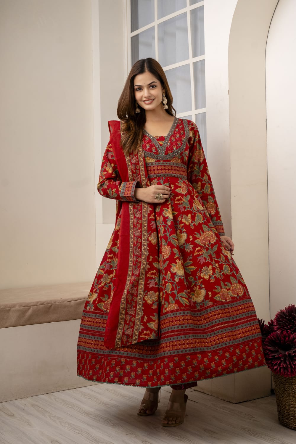 REDISH FLORISH DRESS IN COTTON - SET OF 3 - RED