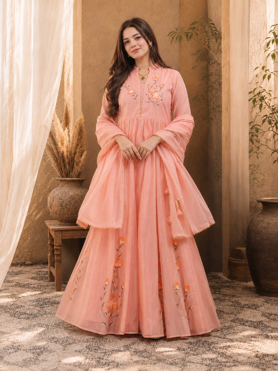 In.CottoM - INDIAN FLARED HAND PAINTED CHANDERI LEHENGA KURTI DUPATTA SET
