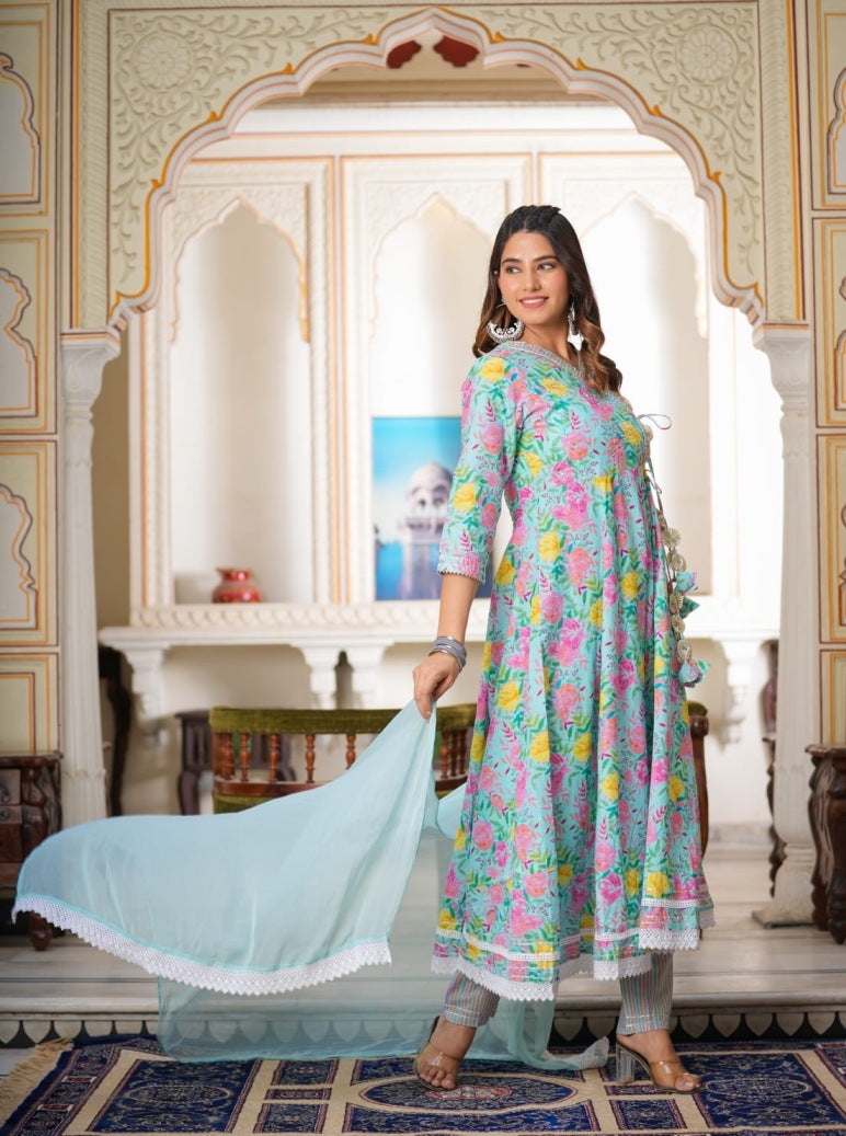 MISHTI SKY BLUE & PINK ANGRAKHA ANARKALI KURTA- SET OF 3