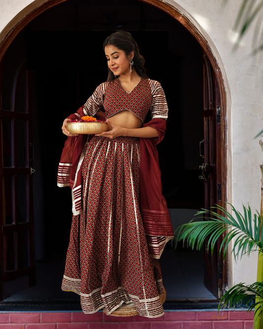 ABAAYA - COTTON WITH GOTA PATTI WORK - LEHENGA SET