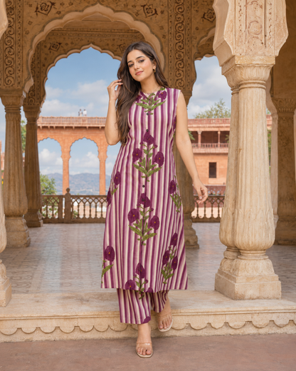 LA ROSE HAND BLOCK COTTON  A-LINE SLEEVE LESS KUTA PANT SET