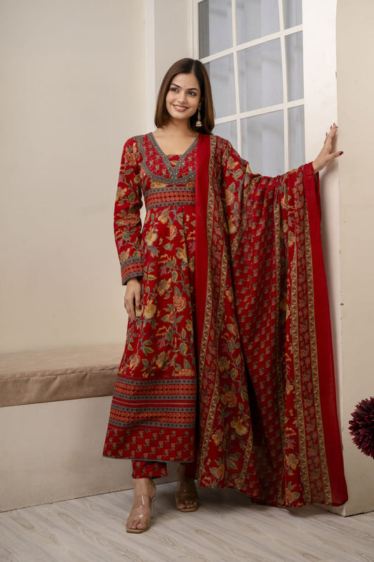REDISH FLORISH DRESS IN COTTON - SET OF 3 - RED