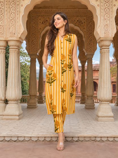 LA ROSE HAND BLOCK COTTON  A-LINE SLEEVE LESS KUTA PANT SET