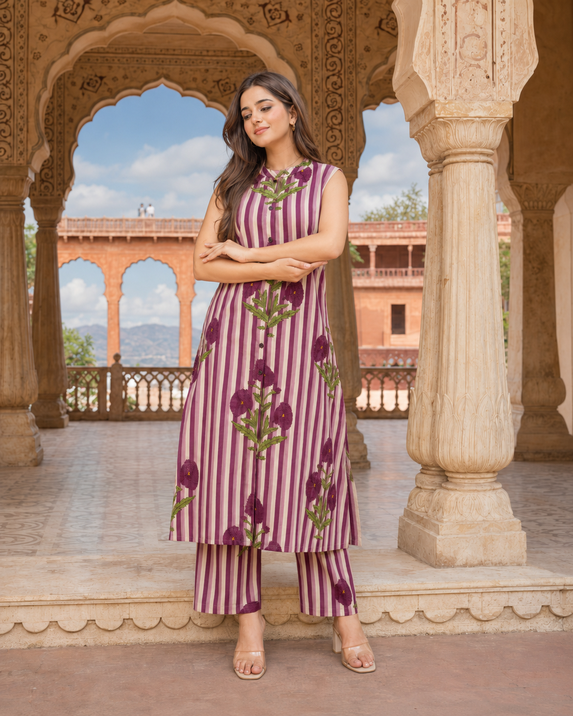 LA ROSE HAND BLOCK COTTON  A-LINE SLEEVE LESS KUTA PANT SET