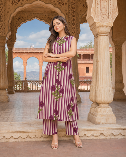 LA ROSE HAND BLOCK COTTON  A-LINE SLEEVE LESS KUTA PANT SET