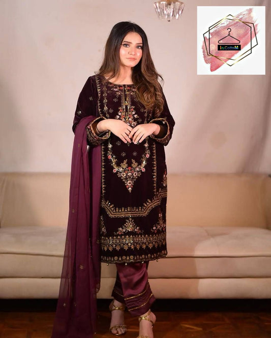 ROSHLY - WINE VELVET SUIT WITH EMBROIDERY WORK - SET OF 3