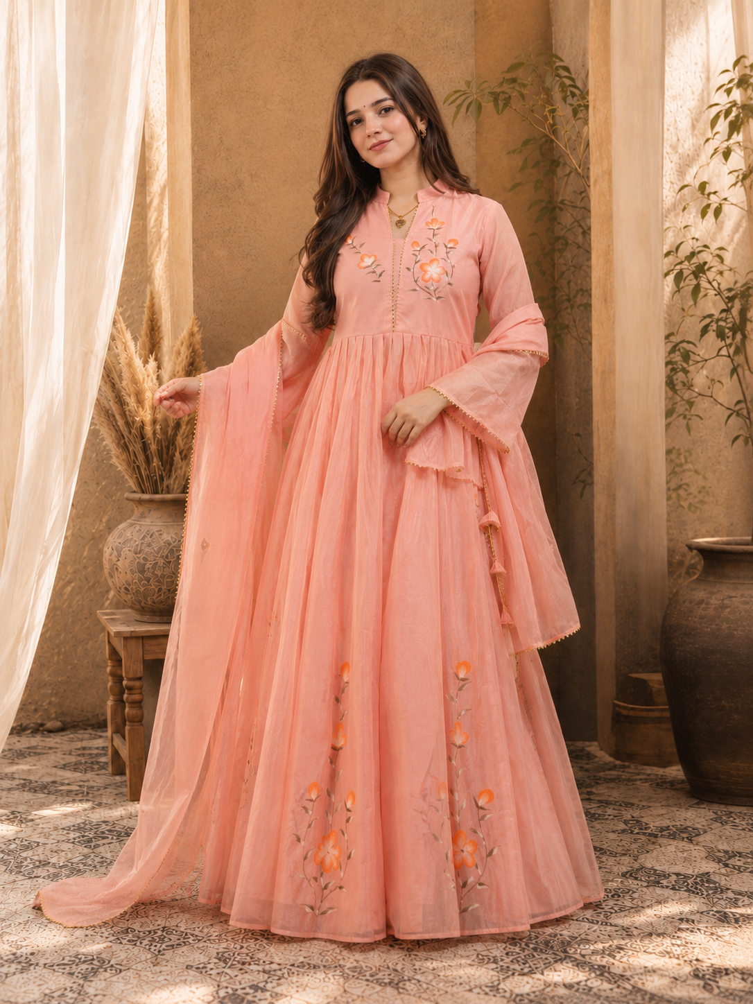 In.CottoM - INDIAN FLARED HAND PAINTED CHANDERI LEHENGA KURTI DUPATTA SET