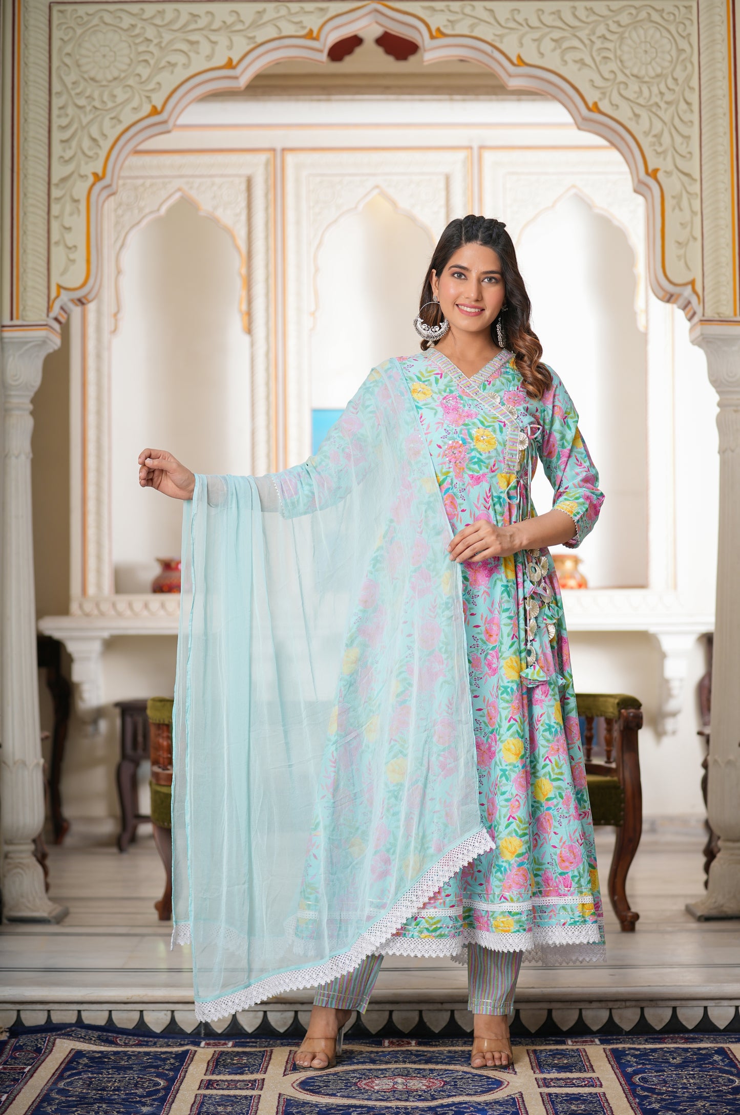 MISHTI SKY BLUE & PINK ANGRAKHA ANARKALI KURTA- SET OF 3
