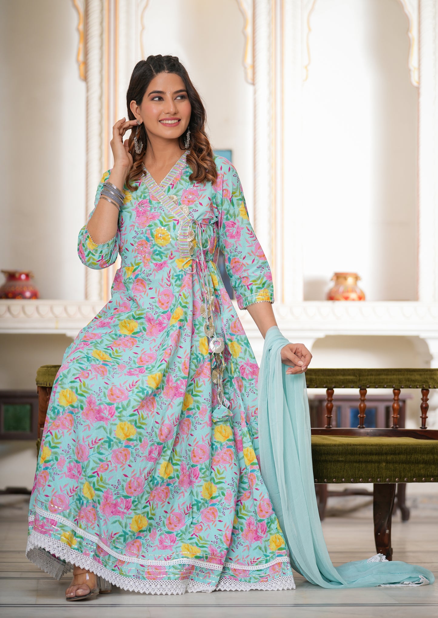 MISHTI SKY BLUE & PINK ANGRAKHA ANARKALI KURTA- SET OF 3