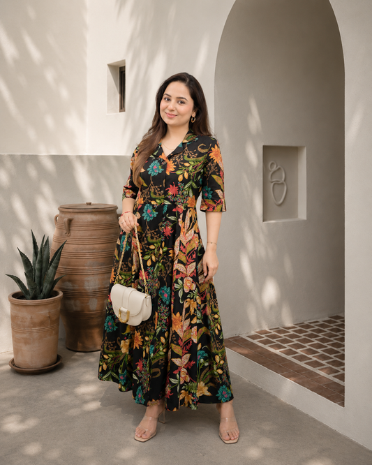 BLACK MULTI FLORAL COTTON A LINE DREES