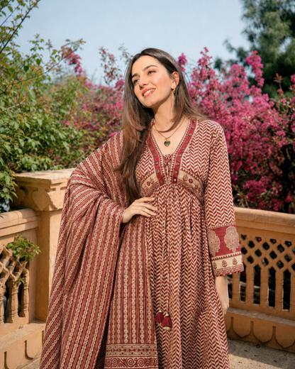 MAROON AJRAKH PRINT COTTON ANARKALI SUIT SET