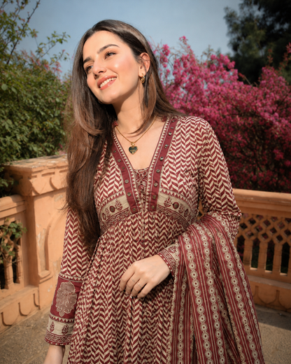 MAROON AJRAKH PRINT COTTON ANARKALI SUIT SET
