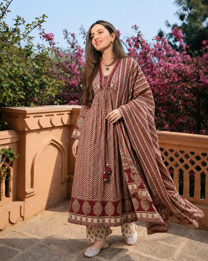 MAROON AJRAKH PRINT COTTON ANARKALI SUIT SET