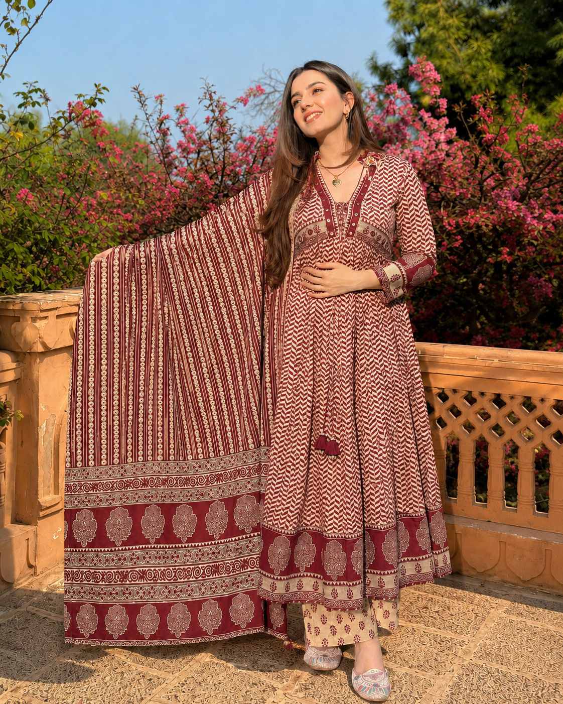 MAROON AJRAKH PRINT COTTON ANARKALI SUIT SET