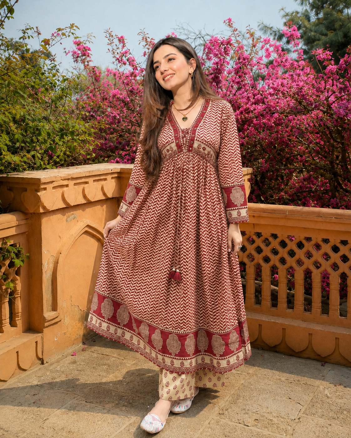 MAROON AJRAKH PRINT COTTON ANARKALI SUIT SET