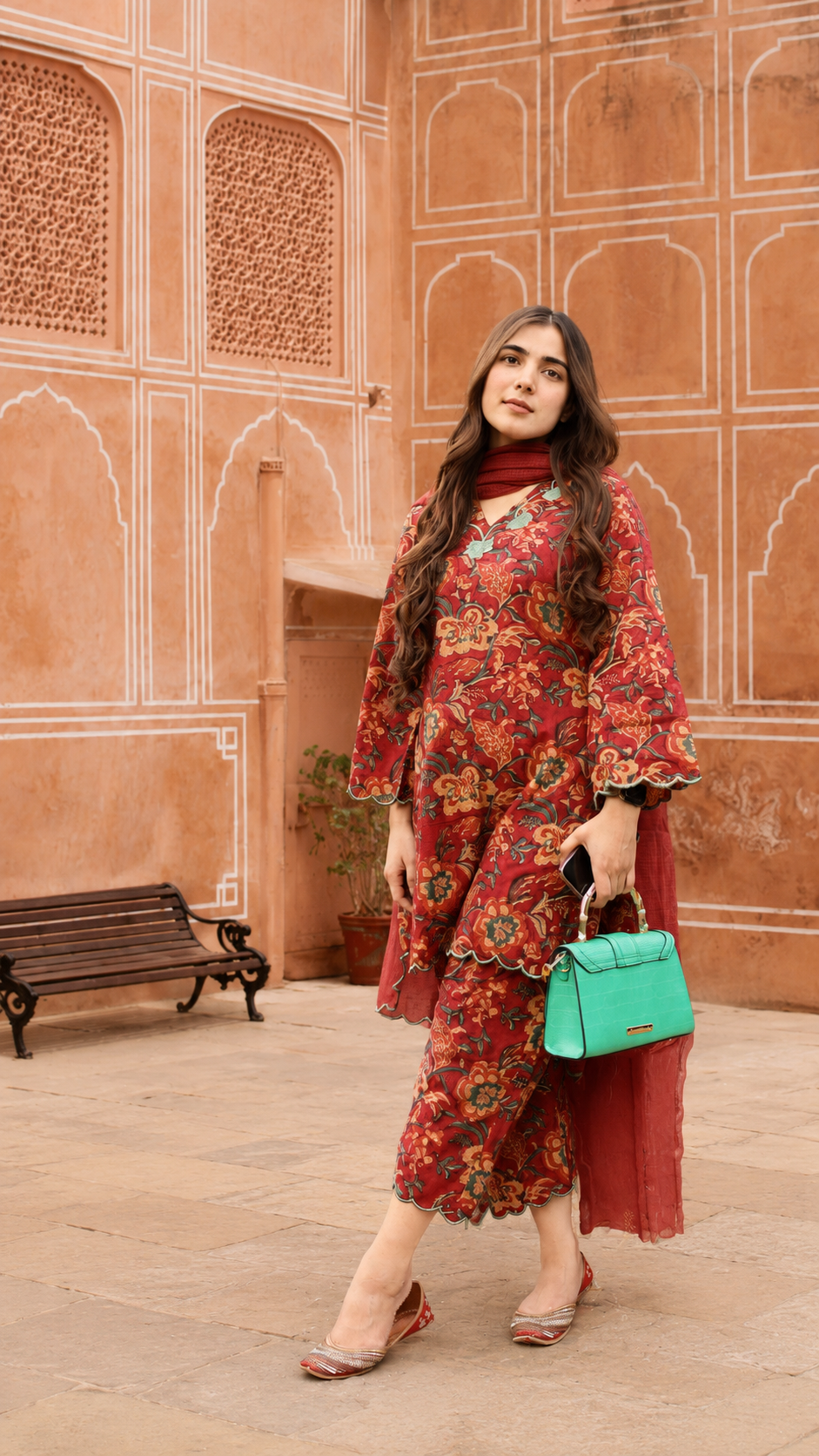 MAARIA - MAROON CONTRAST GREEN SCALLOPS CO-ORD SET (2 Colors)