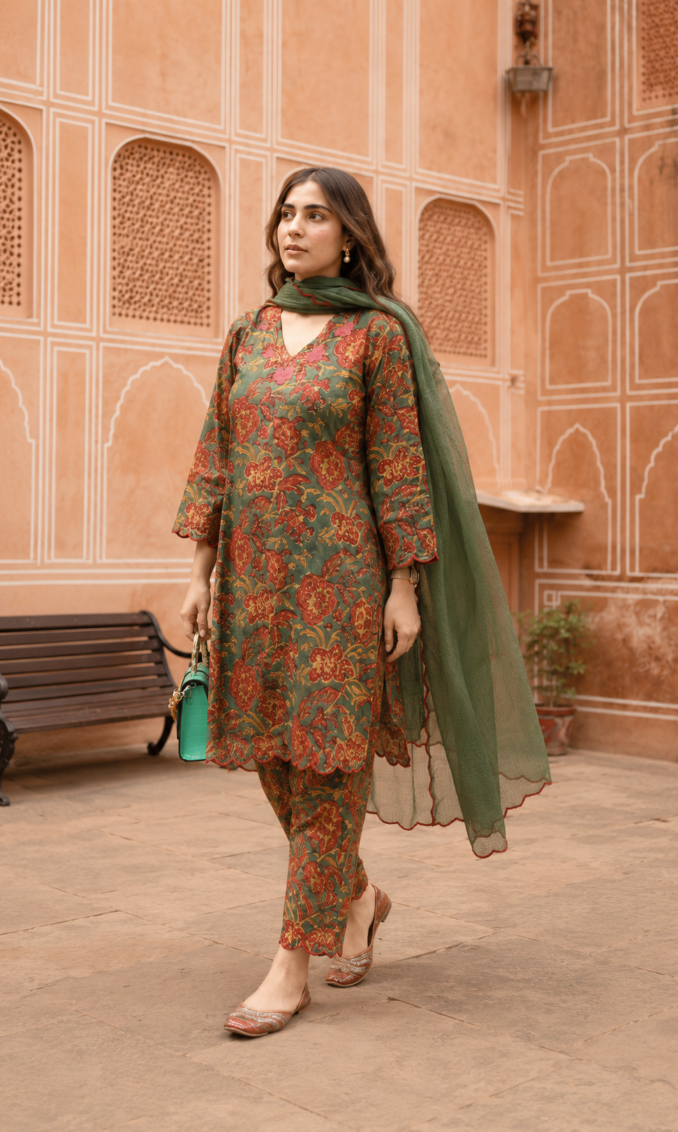 MAARIA - MAROON CONTRAST GREEN SCALLOPS CO-ORD SET (2 Colors)