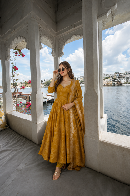 PRAAKSH - MUSTARD ANARKALI DRESS WITH WORK ON DUPATTA