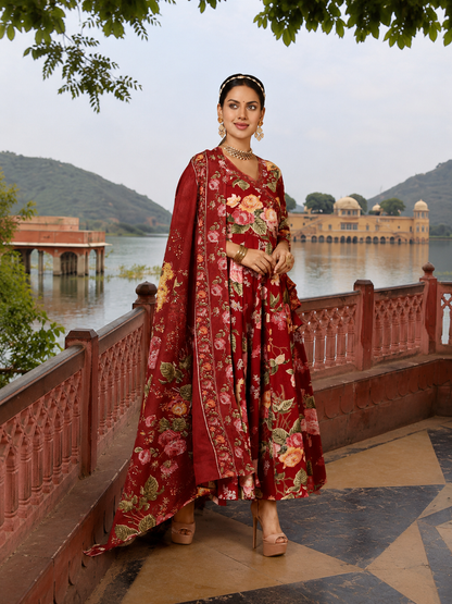 MAROON COTTON CALF LENGTH PRINTED AGRAKHA ANARKALI KURTA SUIT SET