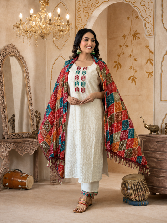 PEARLY WHITE COTTON CHIKANKARI KURTA - SET OF 3