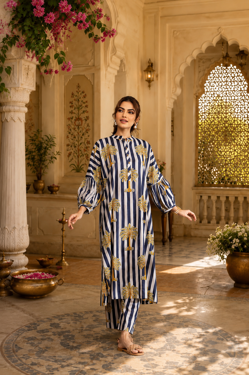 STYLISH BLUE AND WHITE PALM HAZEL KURTA SET