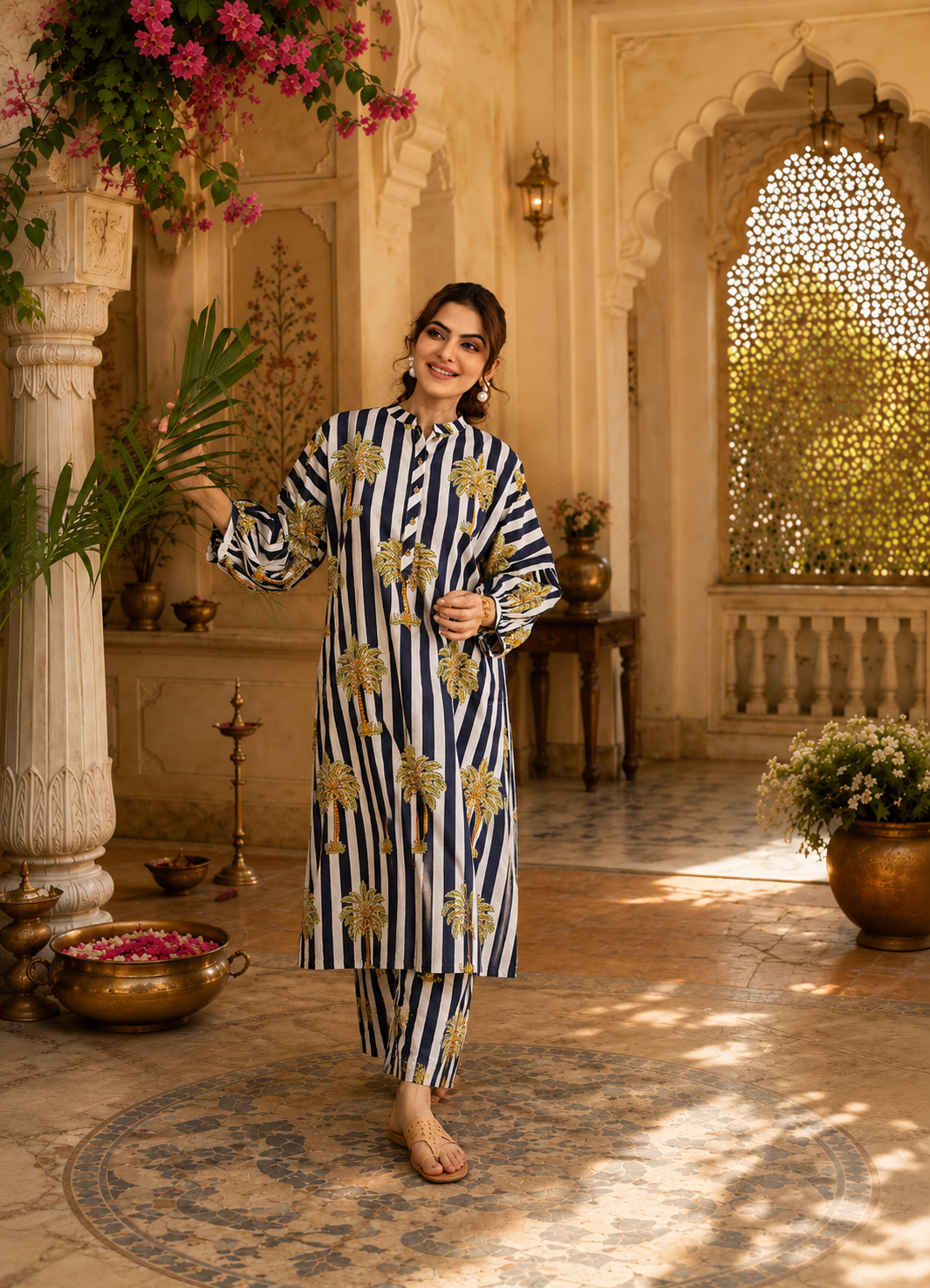 STYLISH BLUE AND WHITE PALM HAZEL KURTA SET
