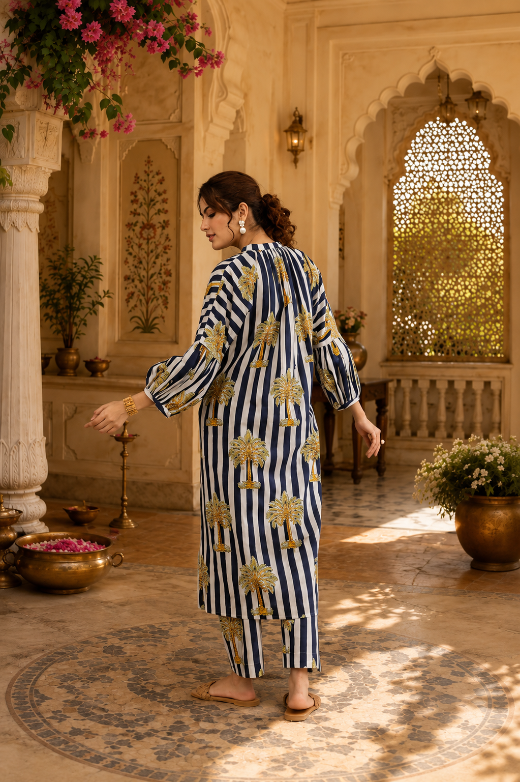 STYLISH BLUE AND WHITE PALM HAZEL KURTA SET