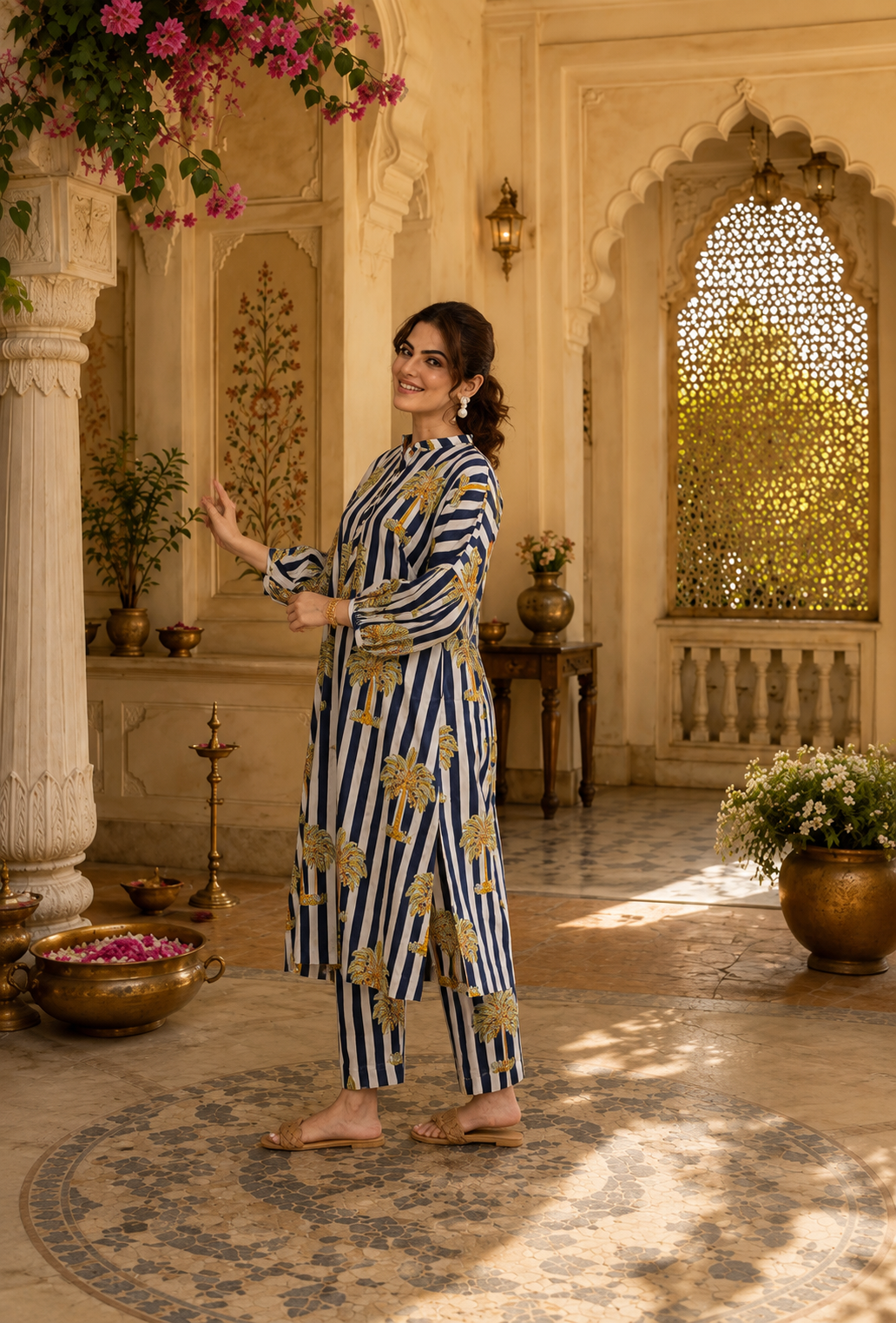 STYLISH BLUE AND WHITE PALM HAZEL KURTA SET