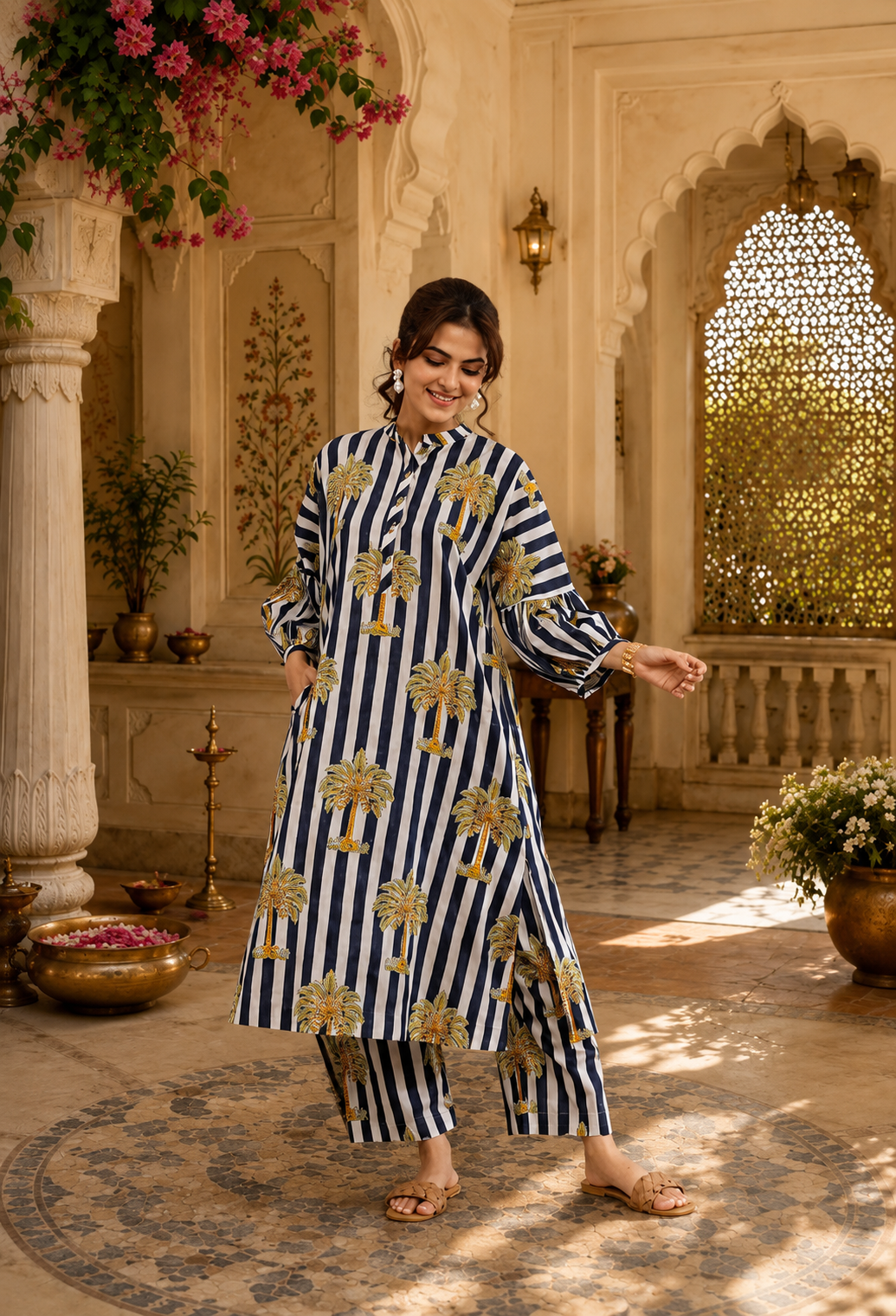 STYLISH BLUE AND WHITE PALM HAZEL KURTA SET