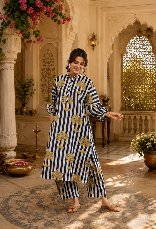 STYLISH BLUE AND WHITE PALM HAZEL KURTA SET