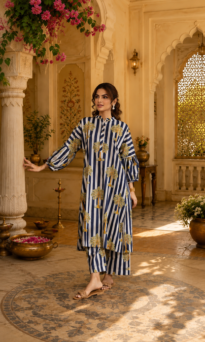 STYLISH BLUE AND WHITE PALM HAZEL KURTA SET