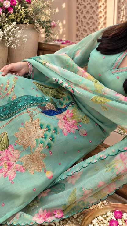 PEACOCK FLORAL PRINT COTTON KURTA SET