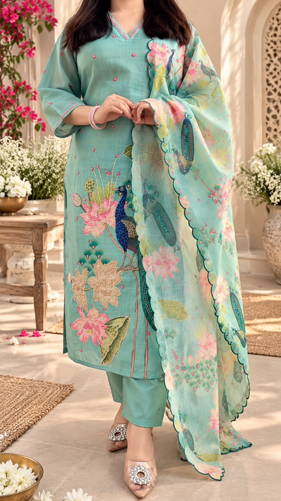 PEACOCK FLORAL PRINT COTTON KURTA SET