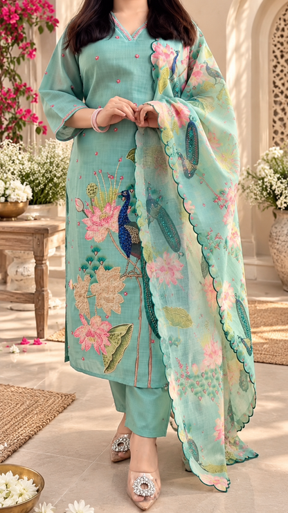 PEACOCK FLORAL PRINT COTTON KURTA SET