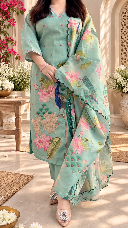 PEACOCK FLORAL PRINT COTTON KURTA SET