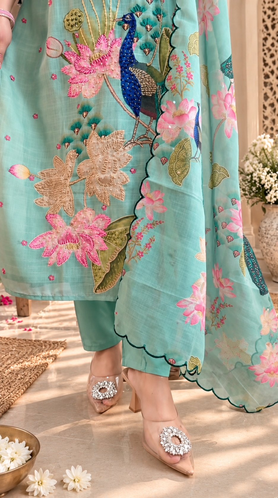 PEACOCK FLORAL PRINT COTTON KURTA SET