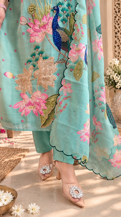 PEACOCK FLORAL PRINT COTTON KURTA SET