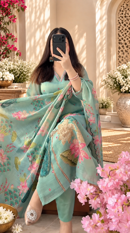 PEACOCK FLORAL PRINT COTTON KURTA SET