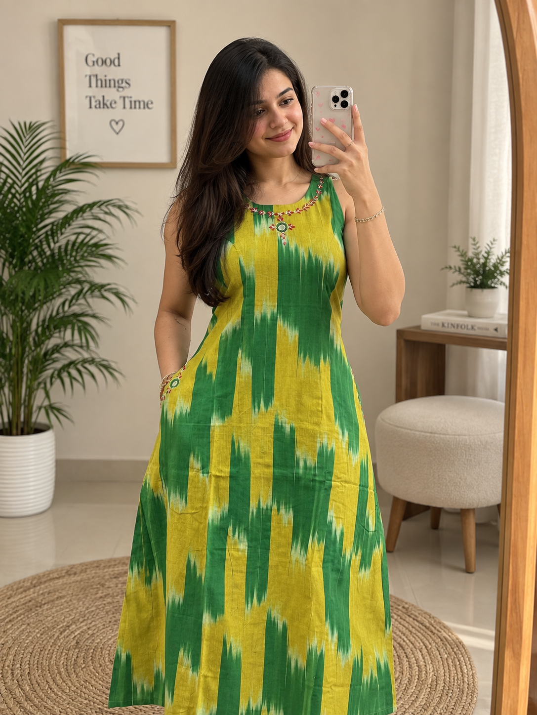 COTTON SLEEVELESS IKAT PRINT KURTA & PLAZZO CO-ORD SET