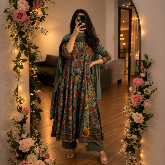 FLORAL PRINTED PURE COTTON ANARKALI SUIT PAIRED WITH PANT AND DUPATTA