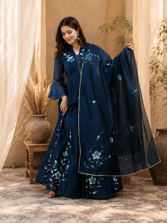 In.CottoM - INDIAN FLARED HAND PAINTED CHANDERI LEHENGA KURTI DUPATTA SET