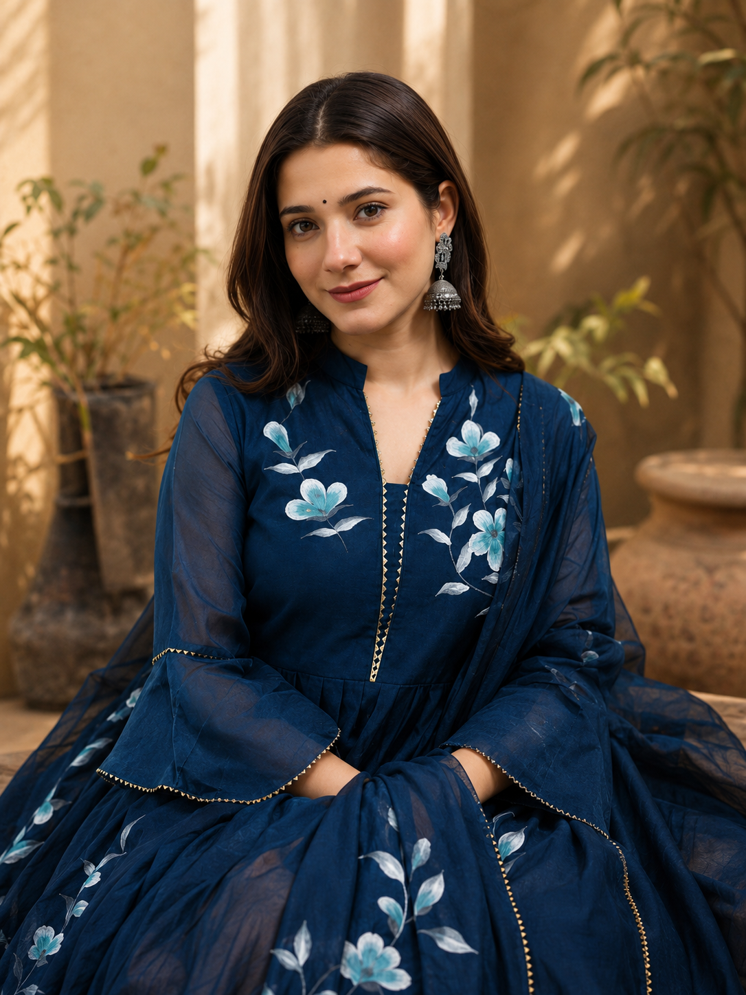In.CottoM - INDIAN FLARED HAND PAINTED CHANDERI LEHENGA KURTI DUPATTA SET