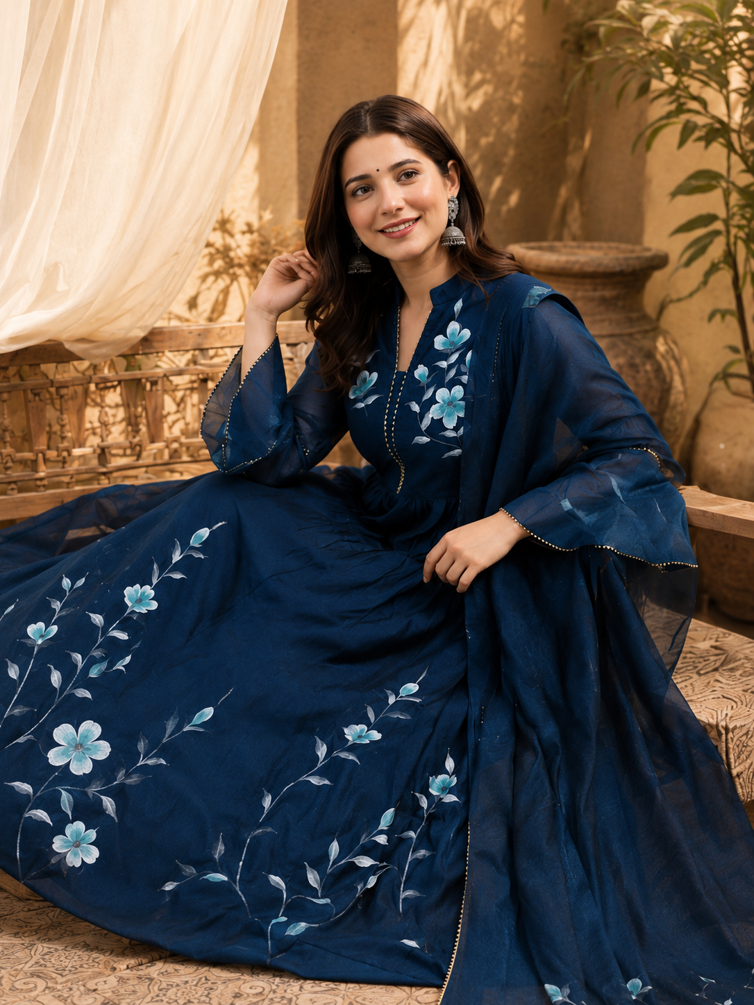 In.CottoM - INDIAN FLARED HAND PAINTED CHANDERI LEHENGA KURTI DUPATTA SET