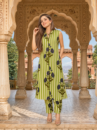 LA ROSE HAND BLOCK COTTON  A-LINE SLEEVE LESS KUTA PANT SET