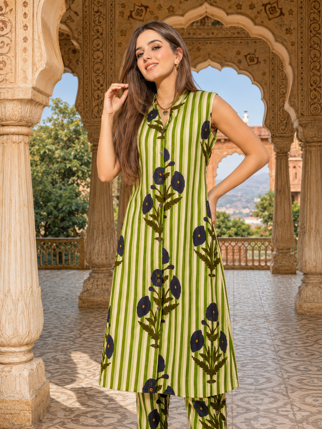 LA ROSE HAND BLOCK COTTON  A-LINE SLEEVE LESS KUTA PANT SET