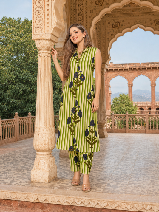 LA ROSE HAND BLOCK COTTON  A-LINE SLEEVE LESS KUTA PANT SET